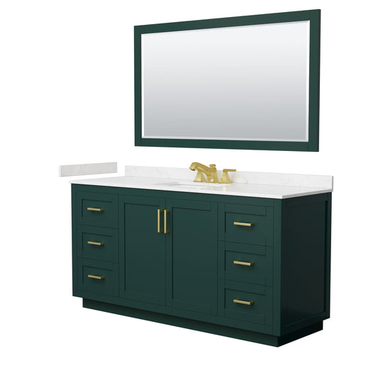 Wyndham Collection Miranda 66" Single Bathroom Vanity in Green, Carrara Cultured Marble Countertop, Undermount Square Sink (3-Hole), Brushed Gold Trim and 58" Mirror