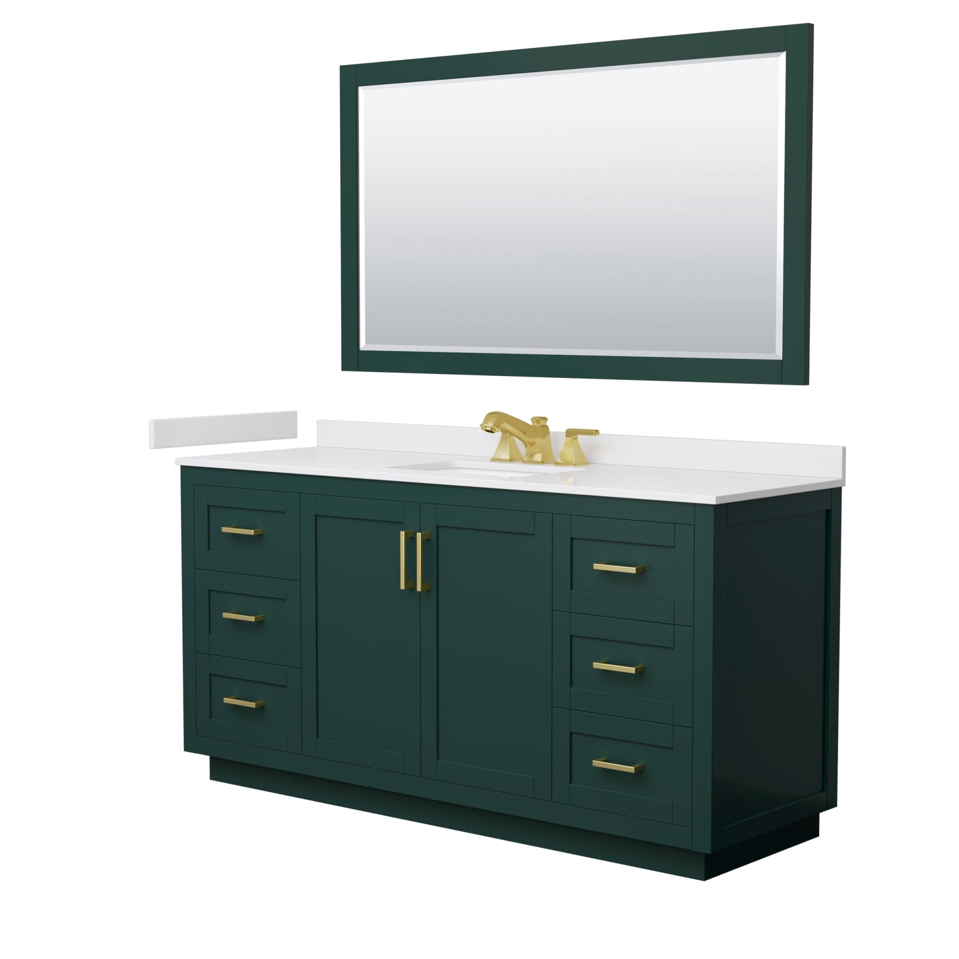 Wyndham Collection Miranda 66" Single Bathroom Vanity in Green, White Cultured Marble Countertop, Undermount Square Sink (3-Hole), Brushed Gold Trim and 58" Mirror