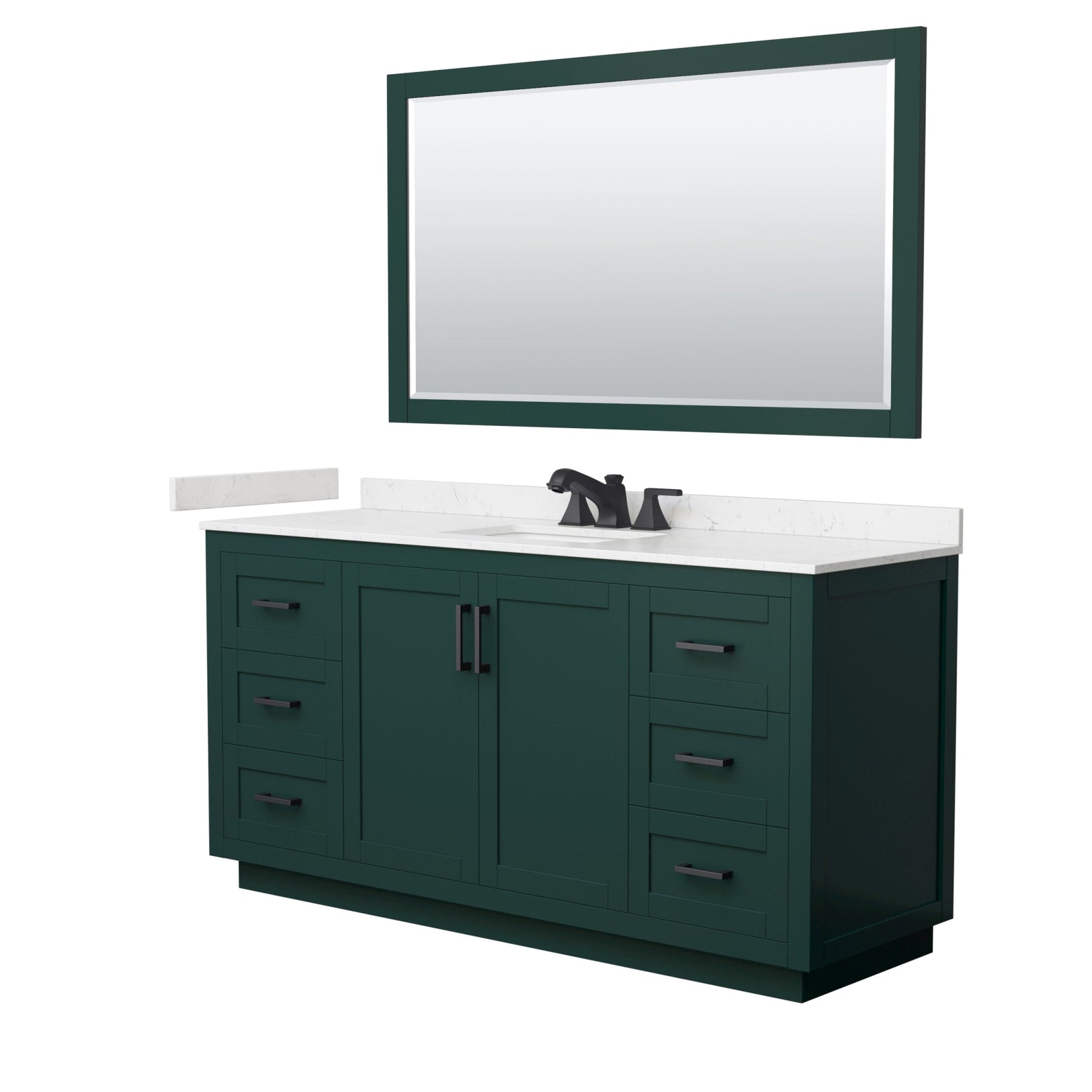 Wyndham Collection Miranda 66" Single Bathroom Vanity in Green, Carrara Cultured Marble Countertop, Undermount Square Sink (3-Hole), Matte Black Trim and 58" Mirror