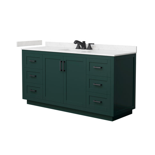 Wyndham Collection Miranda 66" Single Bathroom Vanity in Green, Carrara Cultured Marble Countertop, Undermount Square Sink (3-Hole), Matte Black Trim