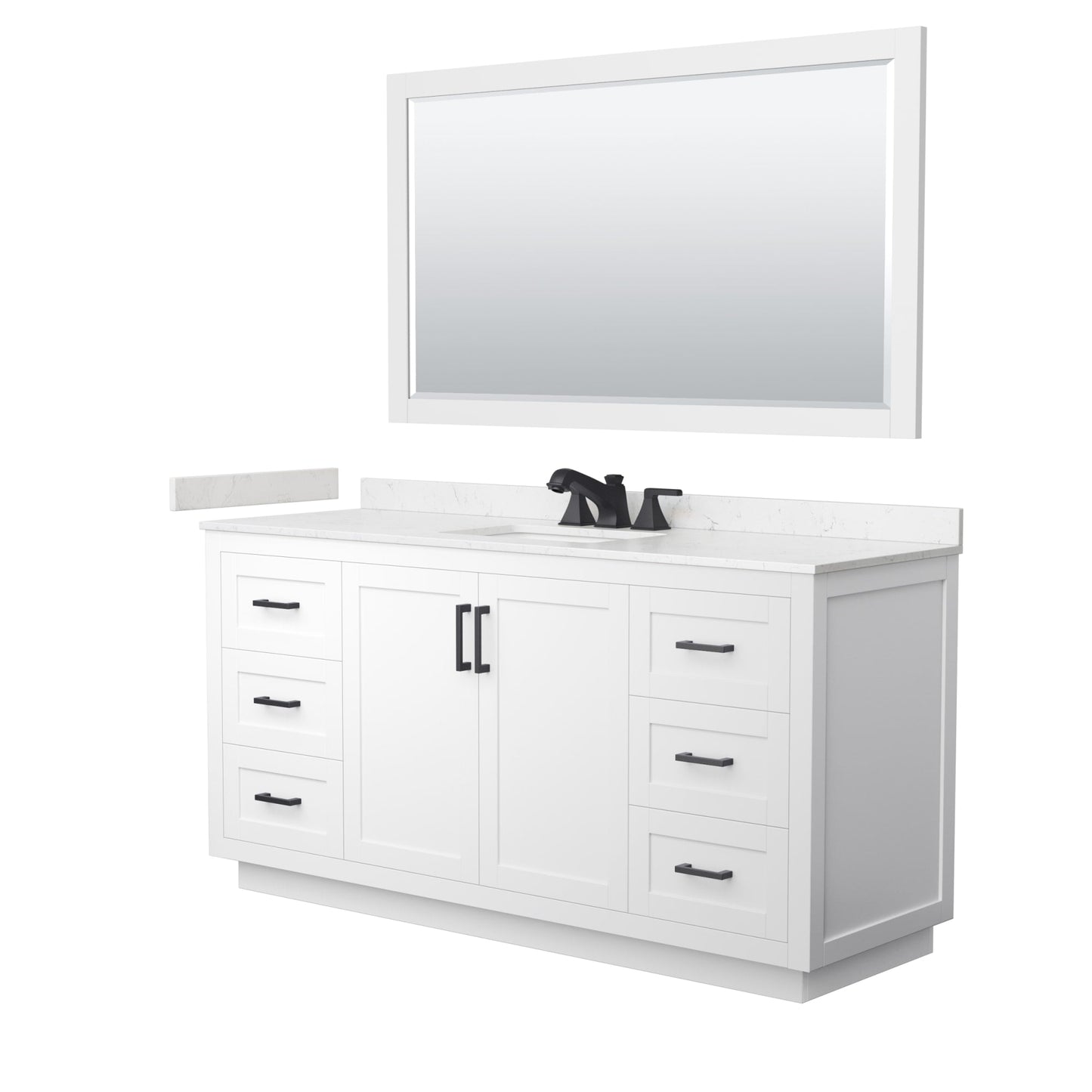 Wyndham Collection Miranda 66" Single Bathroom Vanity in White, Carrara Cultured Marble Countertop, Undermount Square Sink (3-Hole), Matte Black Trim and 58" Mirror