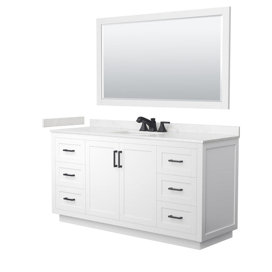 Wyndham Collection Miranda 66" Single Bathroom Vanity in White, Carrara Cultured Marble Countertop, Undermount Square Sink (3-Hole), Matte Black Trim and 58" Mirror