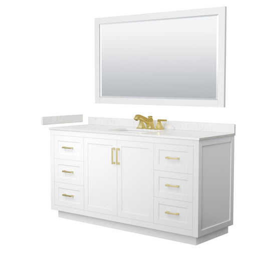 Wyndham Collection Miranda 66" Single Bathroom Vanity in White, Carrara Cultured Marble Countertop, Undermount Square Sink (3-Hole), Brushed Gold Trim and 58" Mirror