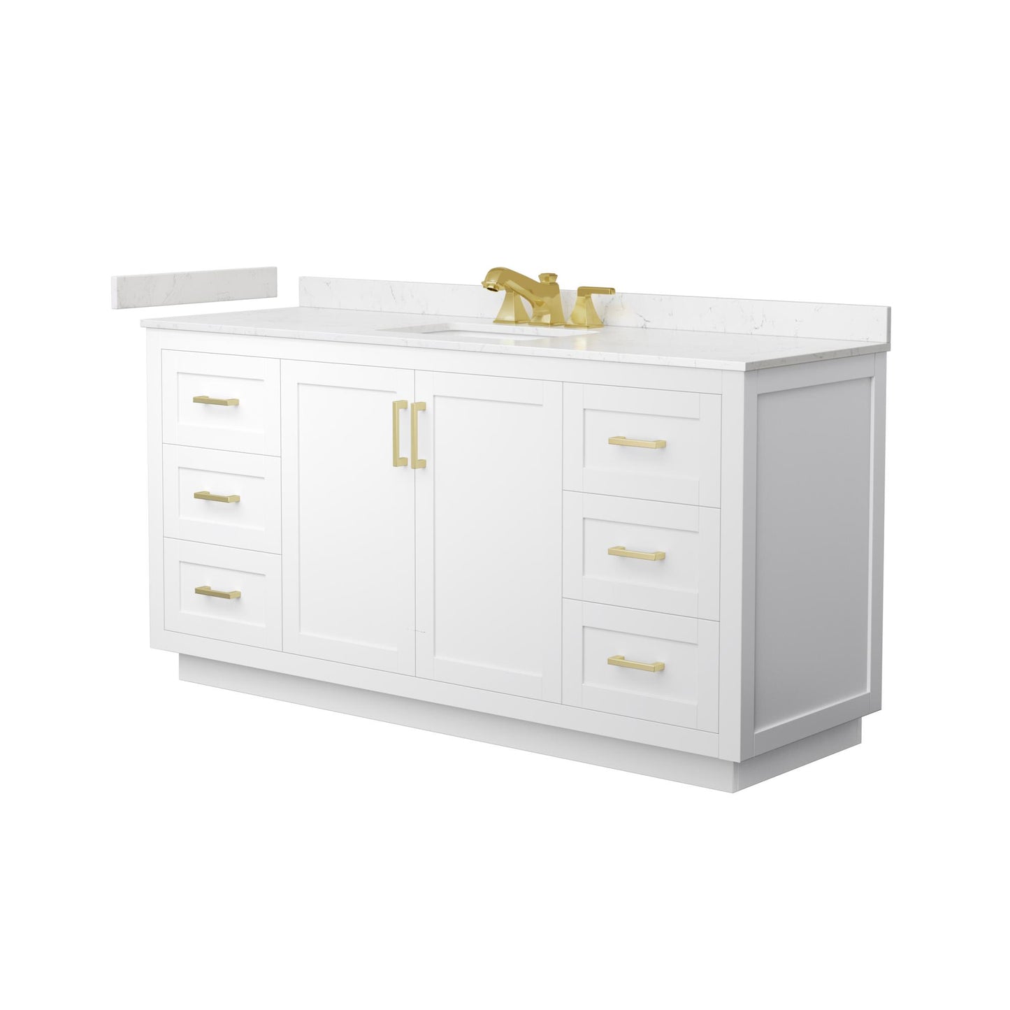 Wyndham Collection Miranda 66" Single Bathroom Vanity in White, Carrara Cultured Marble Countertop, Undermount Square Sink (3-Hole), Brushed Gold Trim