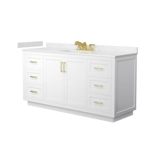 Wyndham Collection Miranda 66" Single Bathroom Vanity in White, Carrara Cultured Marble Countertop, Undermount Square Sink (3-Hole), Brushed Gold Trim