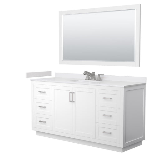 Wyndham Collection Miranda 66" Single Bathroom Vanity in White, White Cultured Marble Countertop, Undermount Square Sink (3-Hole), Brushed Nickel Trim and 58" Mirror