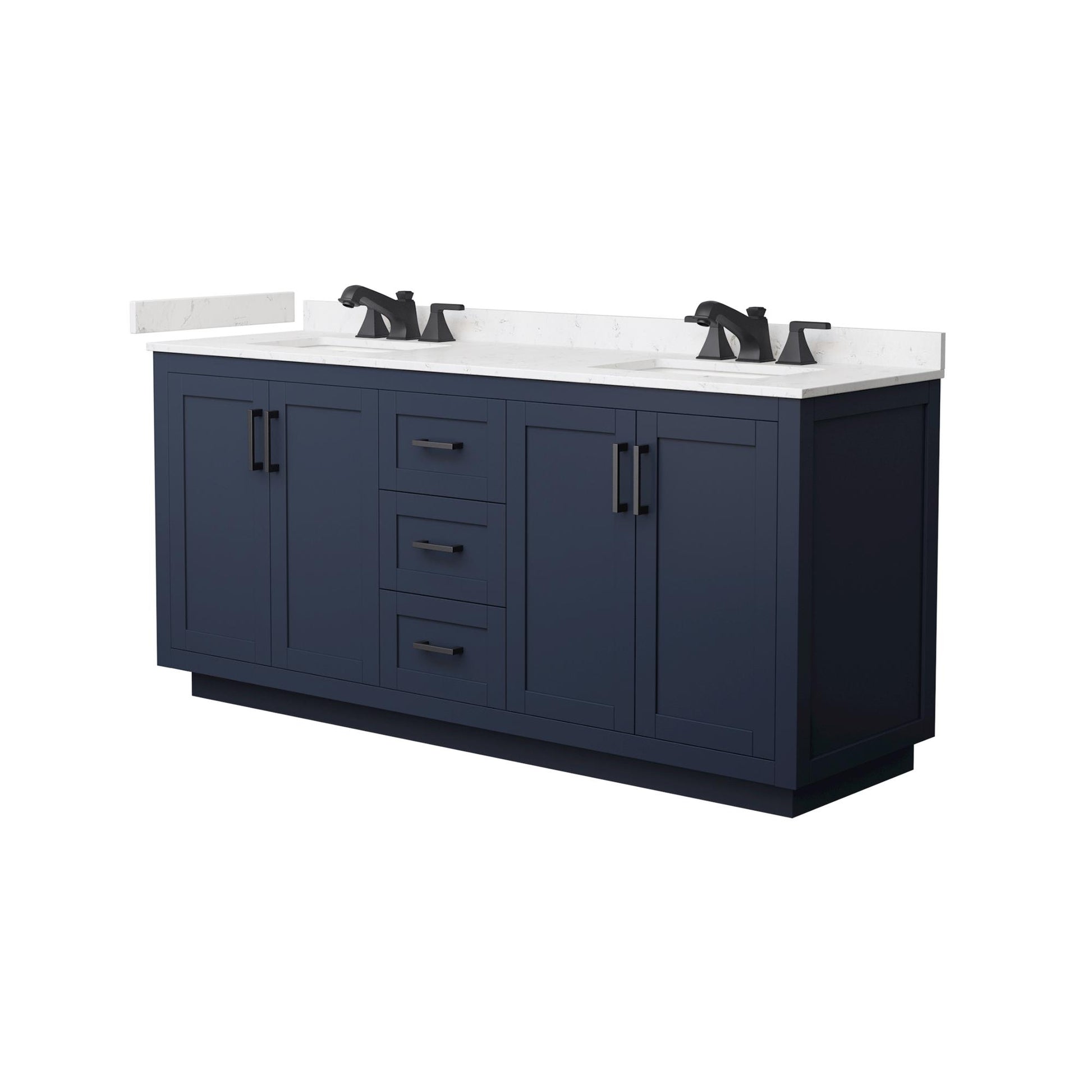 Wyndham Collection Miranda 72" Double Bathroom Vanity in Dark Blue, Carrara Cultured Marble Countertop, Undermount Square Sinks (3-Hole), Matte Black Trim