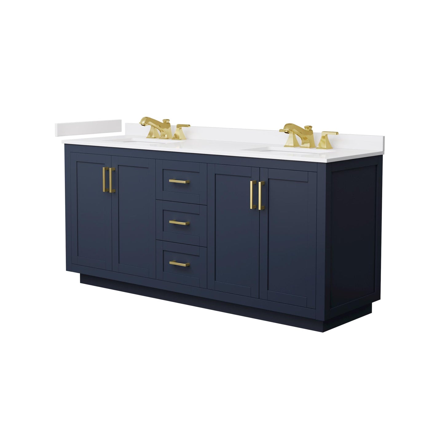 Wyndham Collection Miranda 72" Double Bathroom Vanity in Dark Blue, White Cultured Marble Countertop, Undermount Square Sinks (3-Hole), Brushed Gold Trim