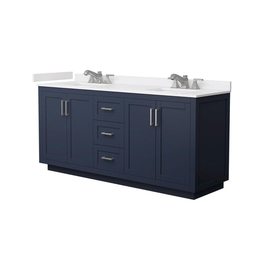 Wyndham Collection Miranda 72" Double Bathroom Vanity in Dark Blue, White Cultured Marble Countertop, Undermount Square Sinks (3-Hole), Brushed Nickel Trim