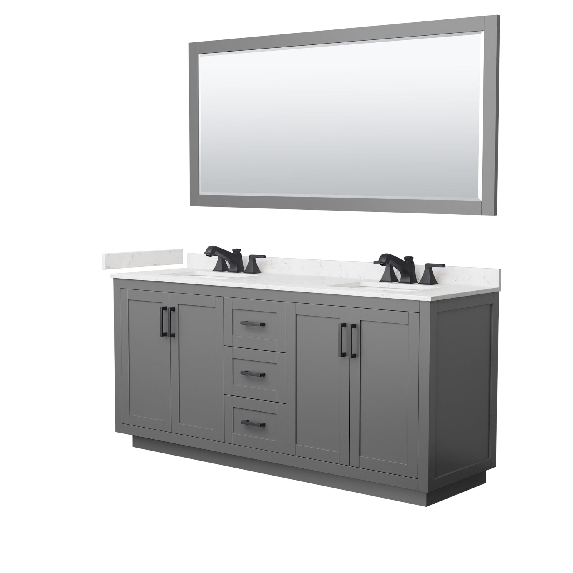 Wyndham Collection Miranda 72" Double Bathroom Vanity in Dark Gray, Carrara Cultured Marble Countertop, Undermount Square Sinks (3-Hole), Matte Black Trim and 70" Mirror