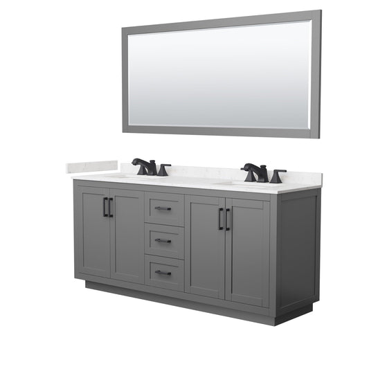 Wyndham Collection Miranda 72" Double Bathroom Vanity in Dark Gray, Carrara Cultured Marble Countertop, Undermount Square Sinks (3-Hole), Matte Black Trim and 70" Mirror