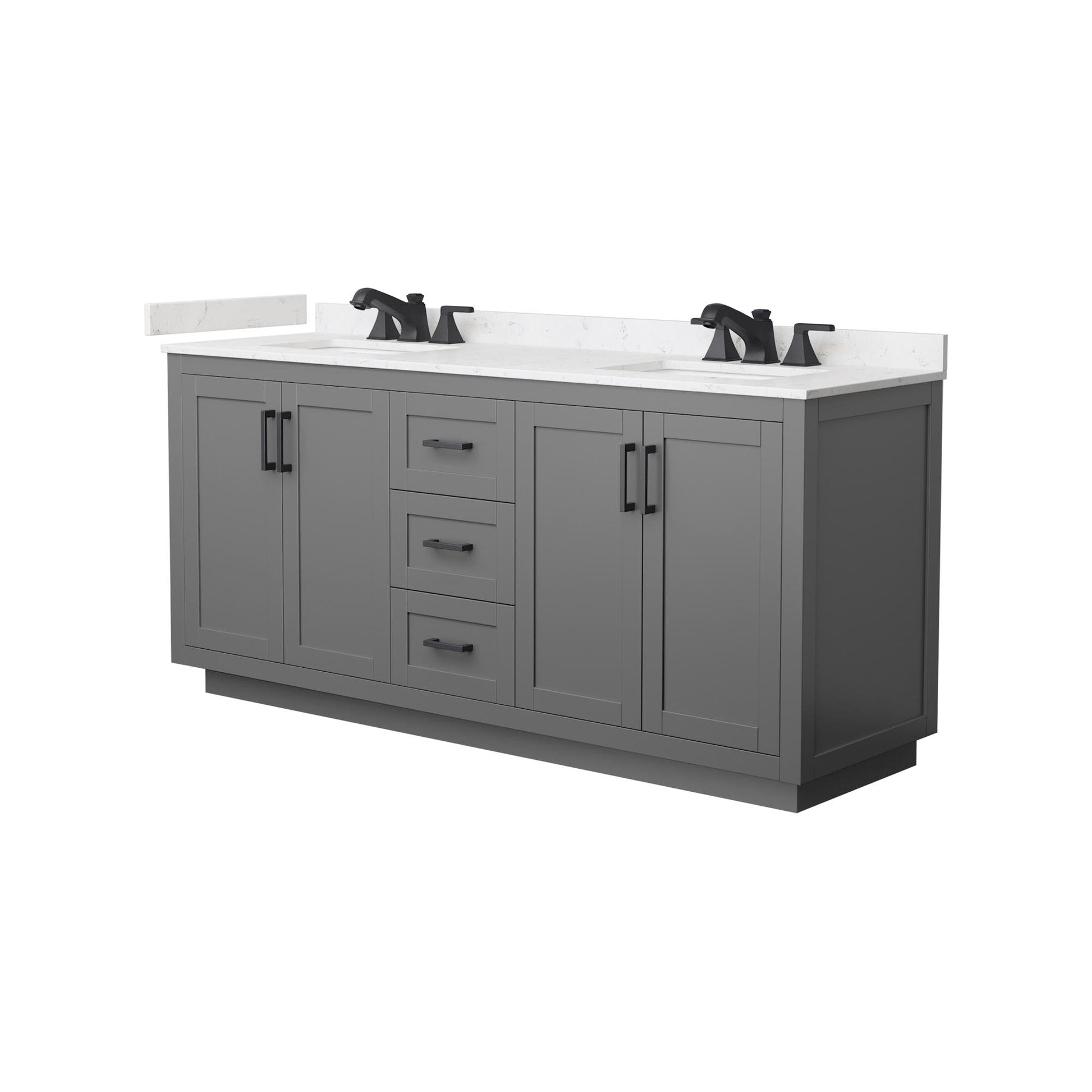 Wyndham Collection Miranda 72" Double Bathroom Vanity in Dark Gray, Carrara Cultured Marble Countertop, Undermount Square Sinks (3-Hole), Matte Black Trim