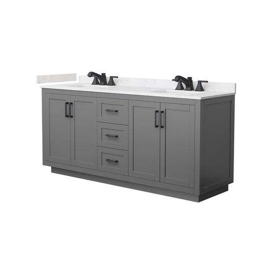 Wyndham Collection Miranda 72" Double Bathroom Vanity in Dark Gray, Carrara Cultured Marble Countertop, Undermount Square Sinks (3-Hole), Matte Black Trim