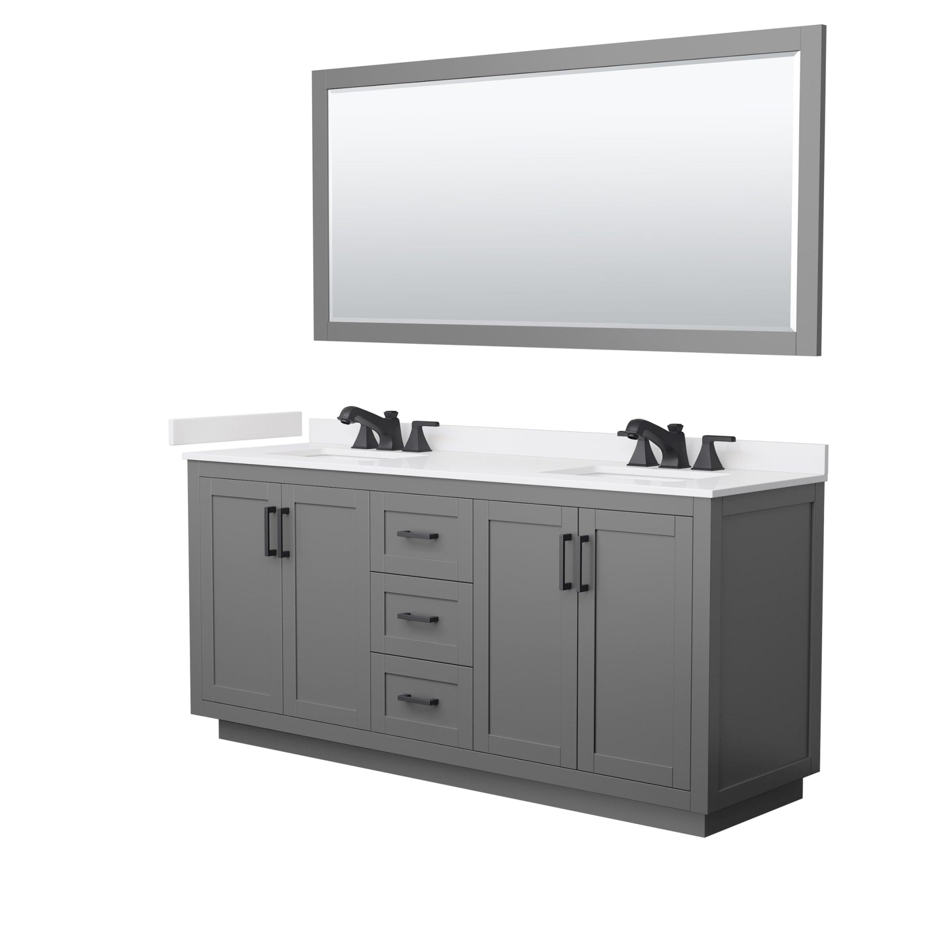 Wyndham Collection Miranda 72" Double Bathroom Vanity in Dark Gray, White Cultured Marble Countertop, Undermount Square Sinks (3-Hole), Matte Black Trim and 70" Mirror