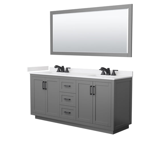 Wyndham Collection Miranda 72" Double Bathroom Vanity in Dark Gray, White Cultured Marble Countertop, Undermount Square Sinks (3-Hole), Matte Black Trim and 70" Mirror