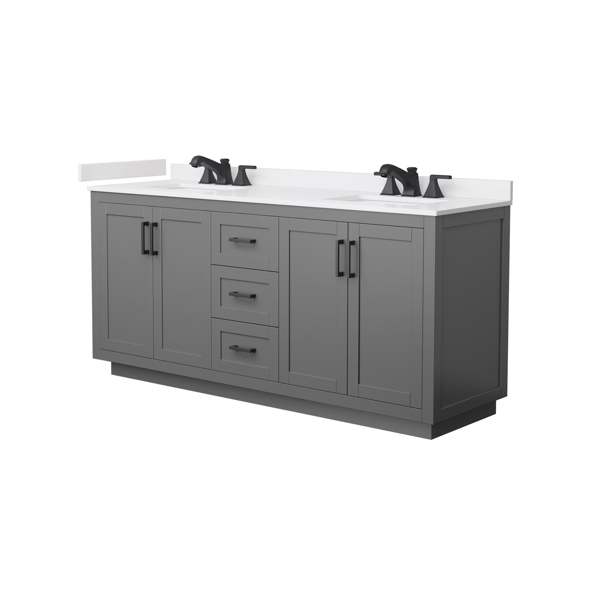 Wyndham Collection Miranda 72" Double Bathroom Vanity in Dark Gray, White Cultured Marble Countertop, Undermount Square Sinks (3-Hole), Matte Black Trim