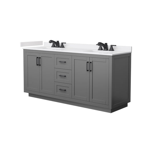 Wyndham Collection Miranda 72" Double Bathroom Vanity in Dark Gray, White Cultured Marble Countertop, Undermount Square Sinks (3-Hole), Matte Black Trim