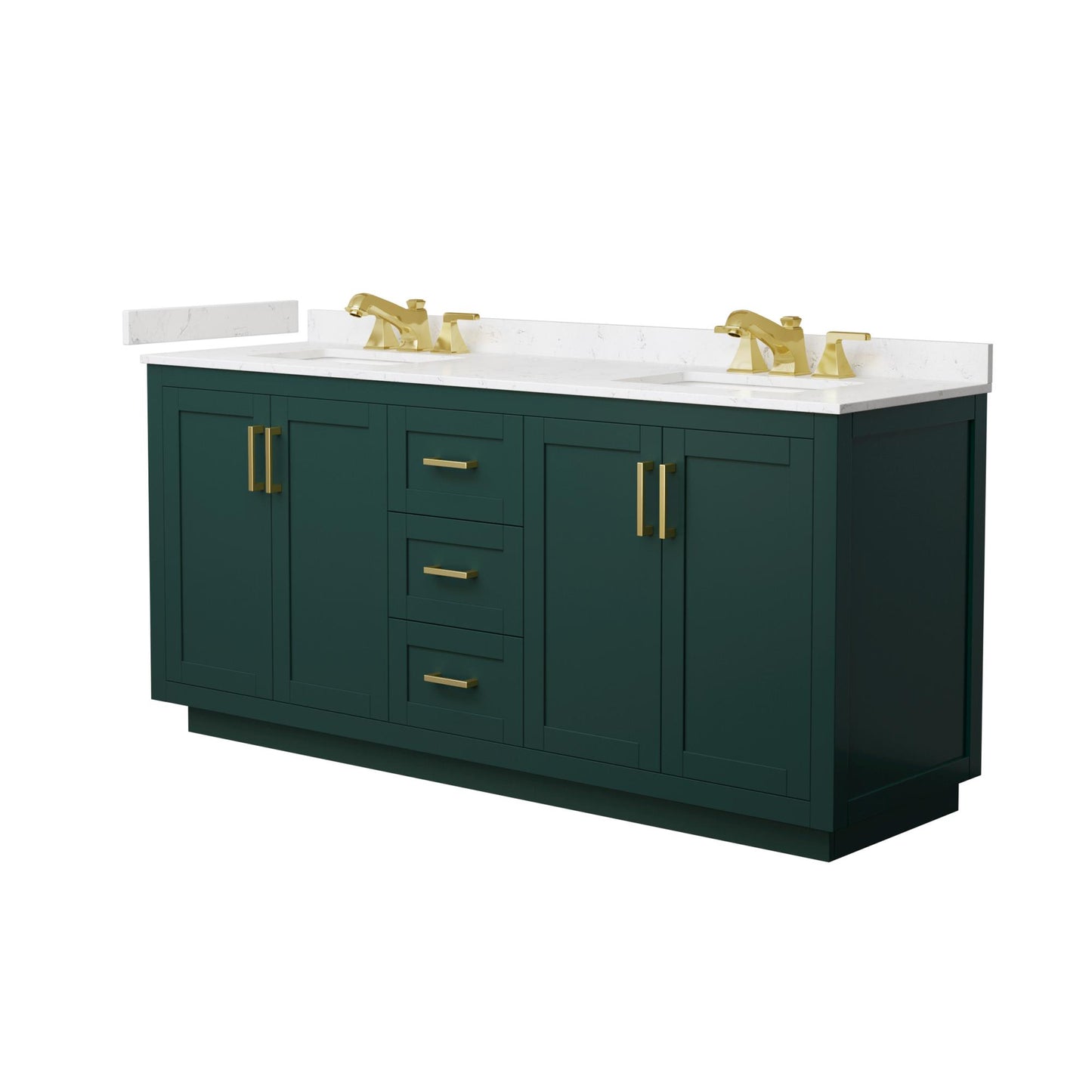 Wyndham Collection Miranda 72" Double Bathroom Vanity in Green, Carrara Cultured Marble Countertop, Undermount Square Sinks (3-Hole), Brushed Gold Trim