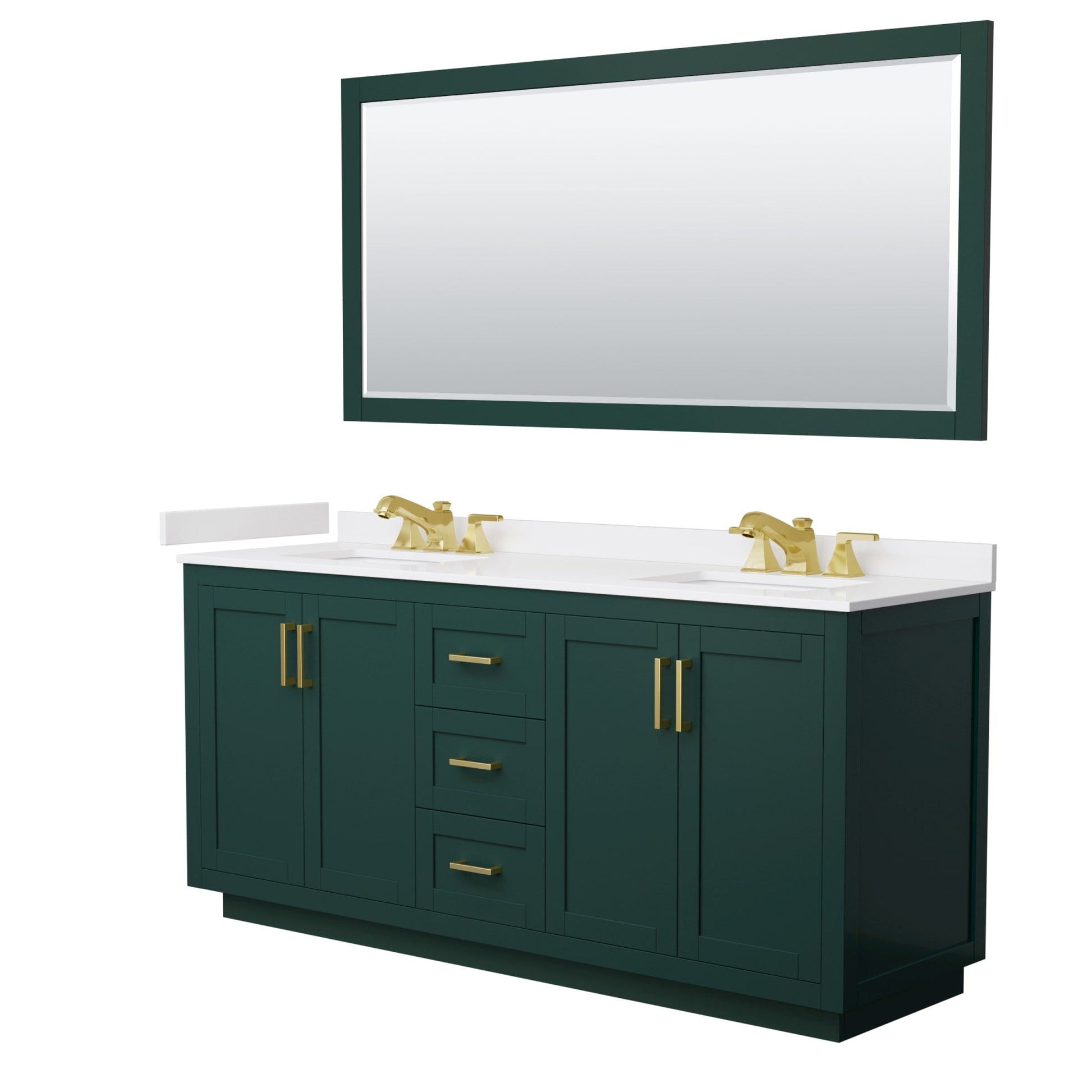 Wyndham Collection Miranda 72" Double Bathroom Vanity in Green, White Cultured Marble Countertop, Undermount Square Sinks (3-Hole), Brushed Gold Trim and 70" Mirror