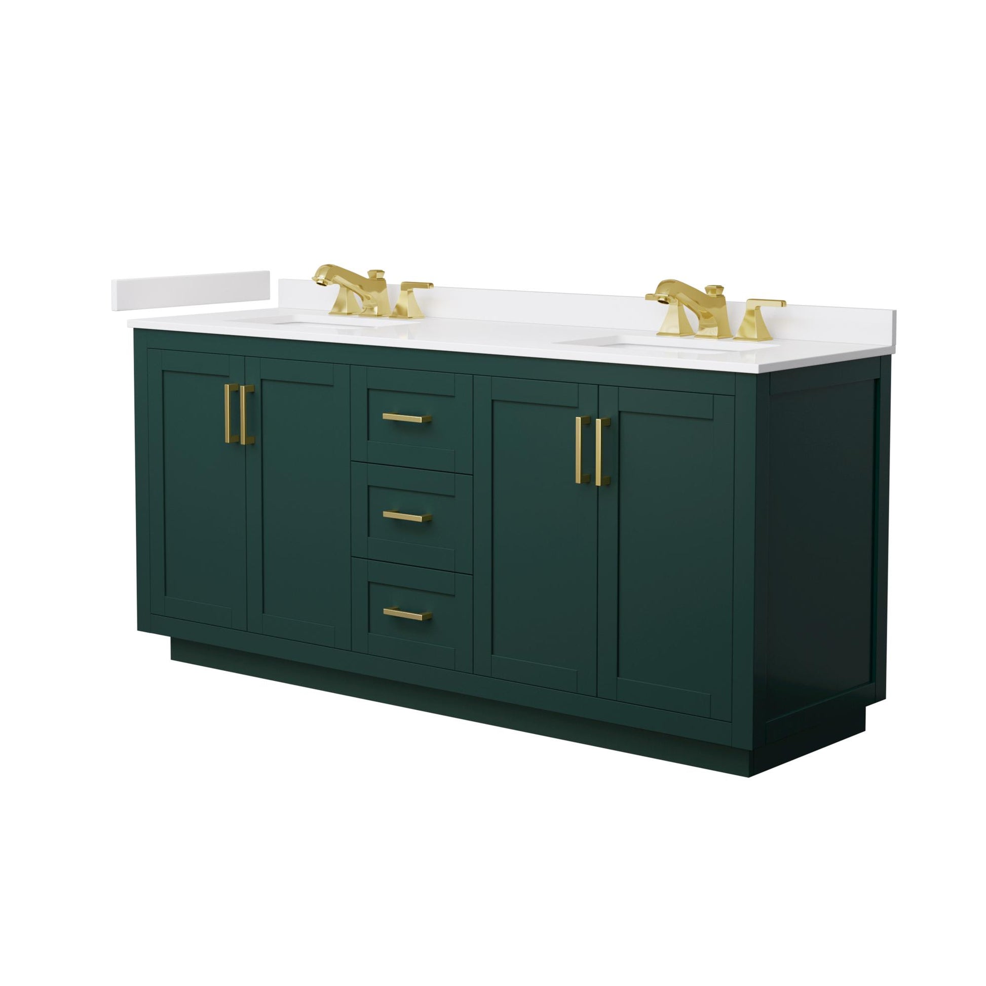 Wyndham Collection Miranda 72" Double Bathroom Vanity in Green, White Cultured Marble Countertop, Undermount Square Sinks (3-Hole), Brushed Gold Trim