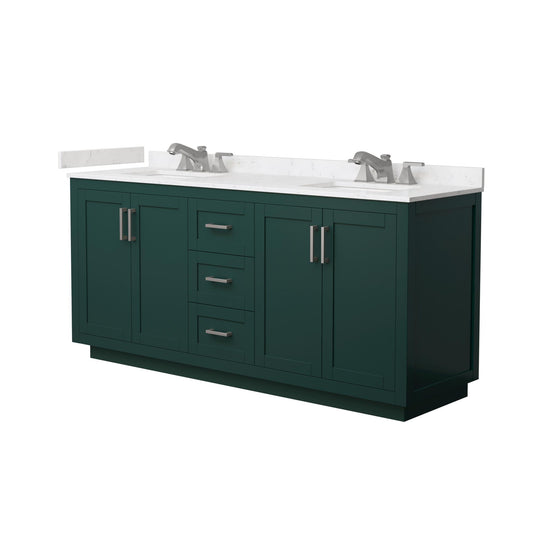 Wyndham Collection Miranda 72" Double Bathroom Vanity in Green, Carrara Cultured Marble Countertop, Undermount Square Sinks (3-Hole), Brushed Nickel Trim