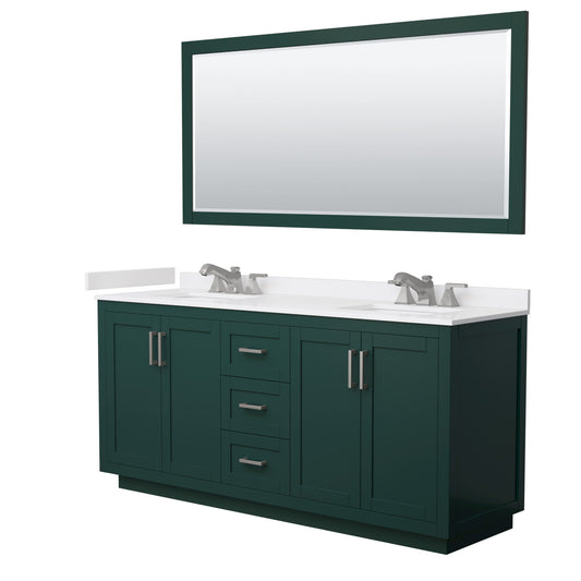 Wyndham Collection Miranda 72" Double Bathroom Vanity in Green, White Cultured Marble Countertop, Undermount Square Sinks (3-Hole), Brushed Nickel Trim and 70" Mirror