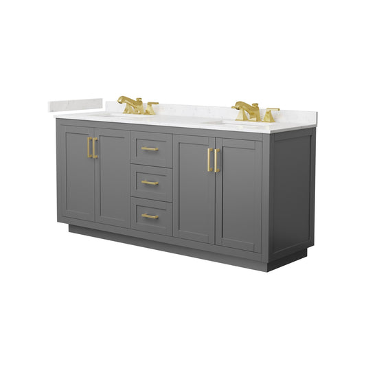 Wyndham Collection Miranda 72" Double Bathroom Vanity in Dark Gray, Carrara Cultured Marble Countertop, Undermount Square Sinks (3-Hole), Brushed Gold Trim