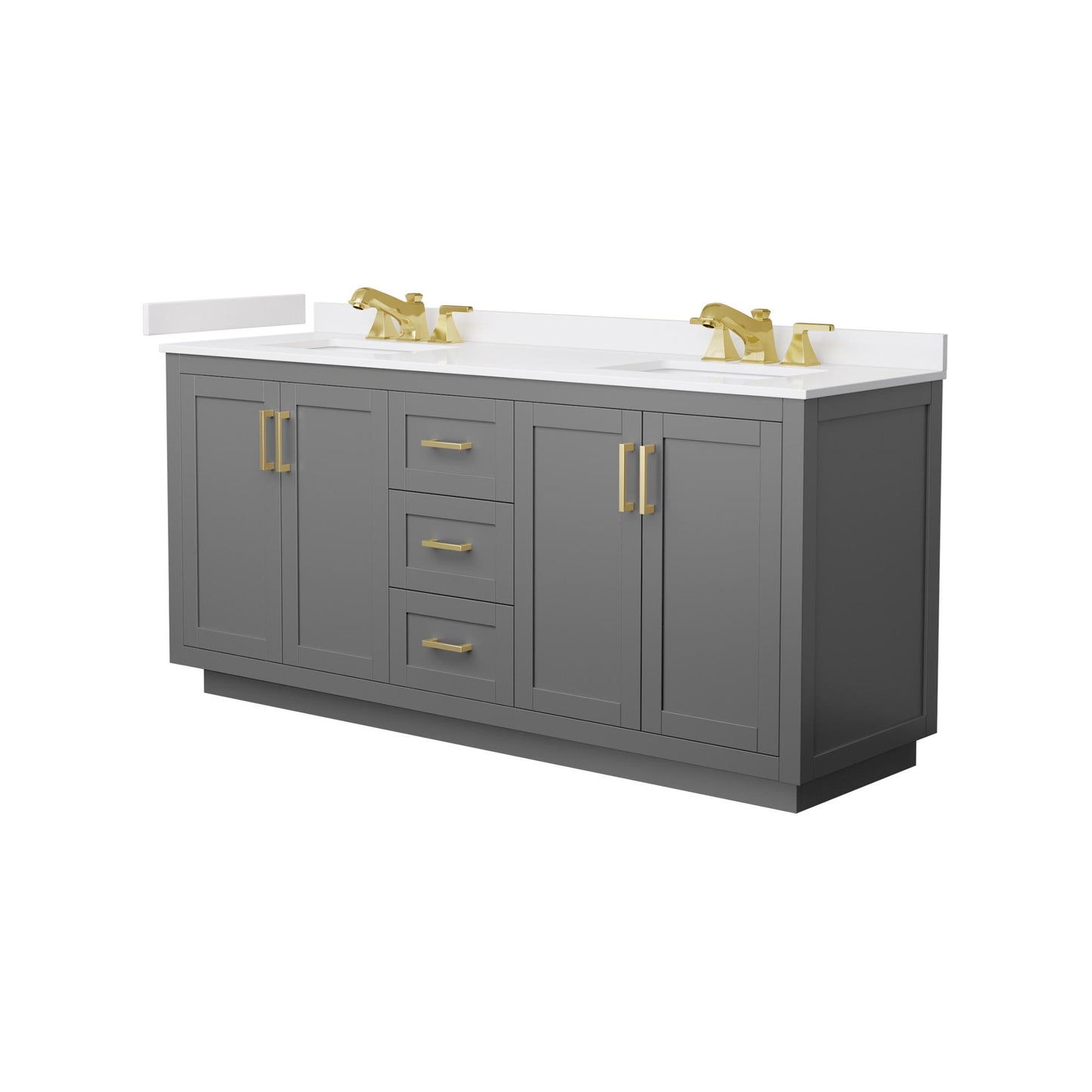Wyndham Collection Miranda 72" Double Bathroom Vanity in Dark Gray, White Cultured Marble Countertop, Undermount Square Sinks (3-Hole), Brushed Gold Trim