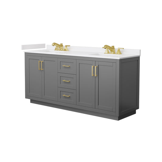 Wyndham Collection Miranda 72" Double Bathroom Vanity in Dark Gray, White Cultured Marble Countertop, Undermount Square Sinks (3-Hole), Brushed Gold Trim