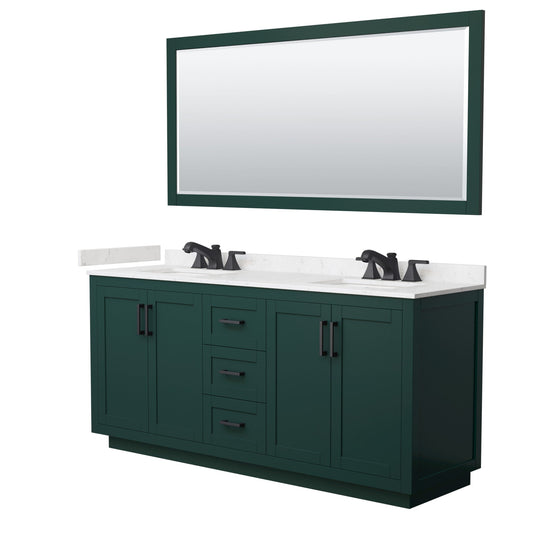 Wyndham Collection Miranda 72" Double Bathroom Vanity in Green, Carrara Cultured Marble Countertop, Undermount Square Sinks (3-Hole), Matte Black Trim and 70" Mirror