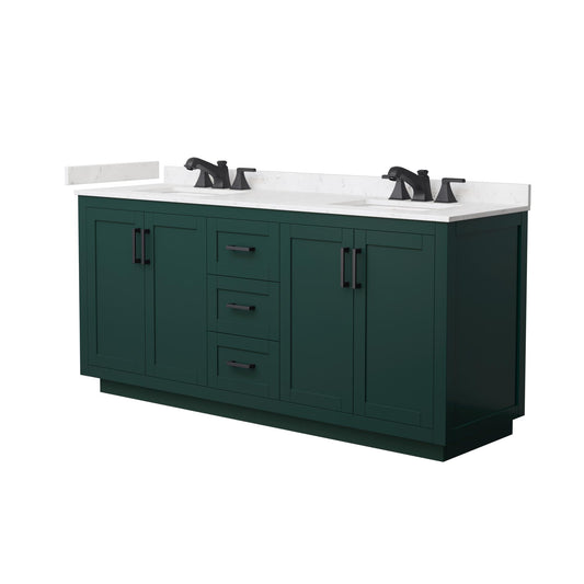 Wyndham Collection Miranda 72" Double Bathroom Vanity in Green, Carrara Cultured Marble Countertop, Undermount Square Sinks (3-Hole), Matte Black Trim