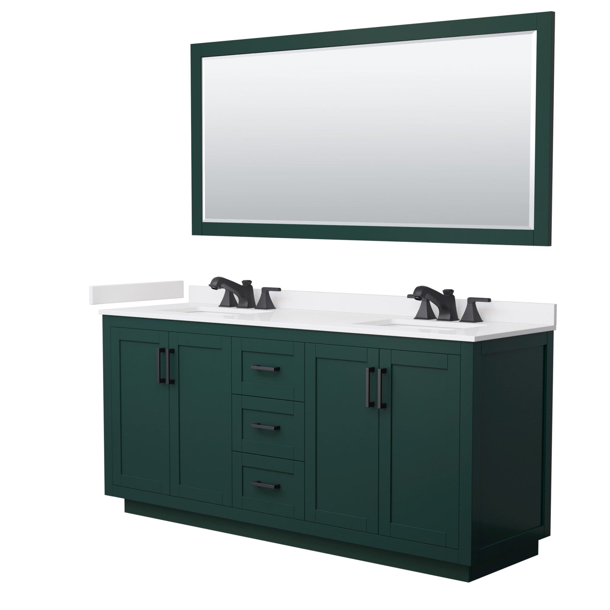 Wyndham Collection Miranda 72" Double Bathroom Vanity in Green, White Cultured Marble Countertop, Undermount Square Sinks (3-Hole), Matte Black Trim and 70" Mirror
