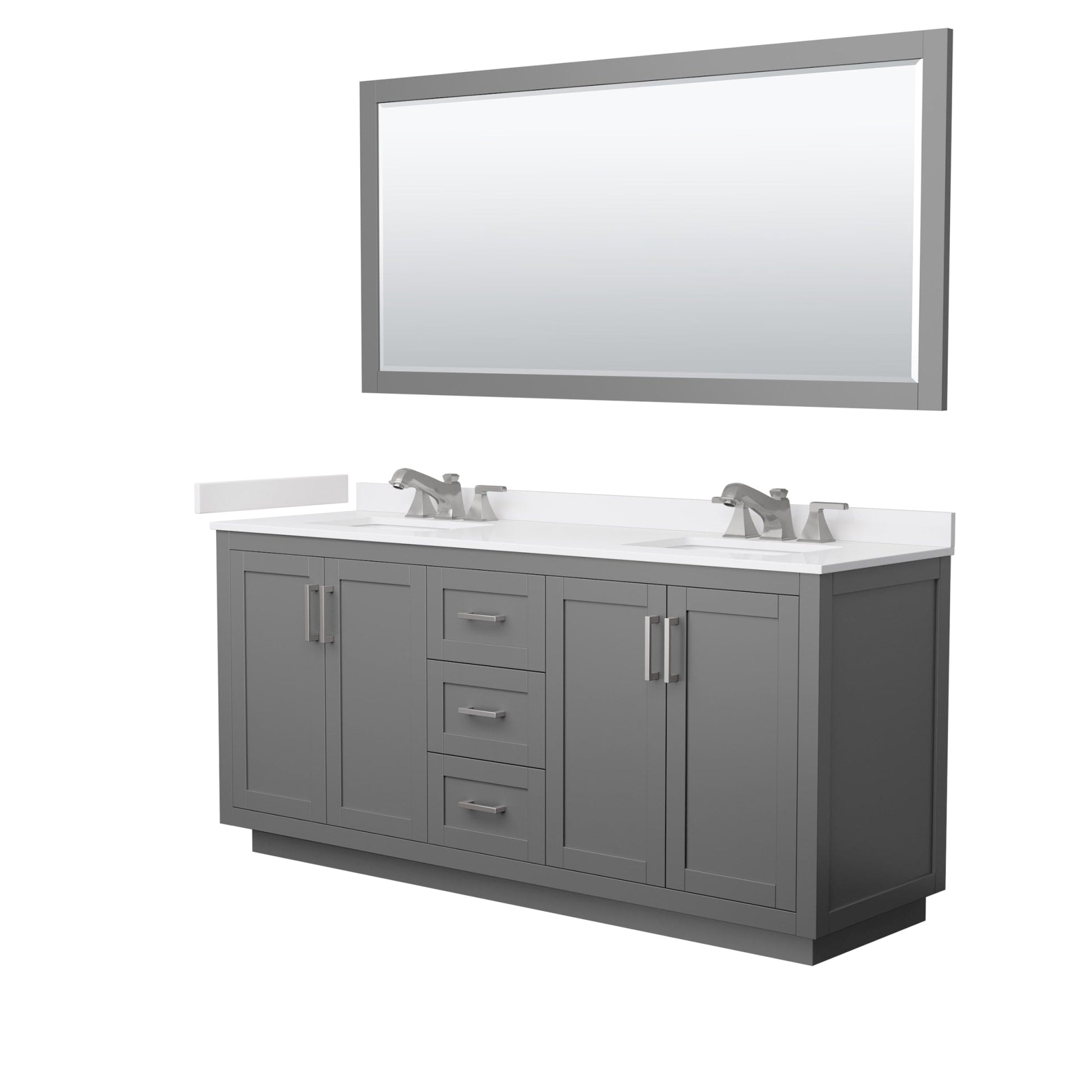Wyndham Collection Miranda 72" Double Bathroom Vanity in Dark Gray, White Cultured Marble Countertop, Undermount Square Sinks (3-Hole), Brushed Nickel Trim and 70" Mirror