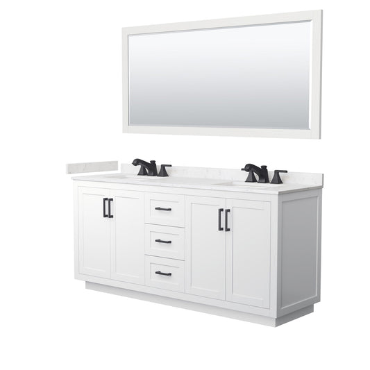 Wyndham Collection Miranda 72" Double Bathroom Vanity in White, Carrara Cultured Marble Countertop, Undermount Square Sinks (3-Hole), Matte Black Trim and 70" Mirror