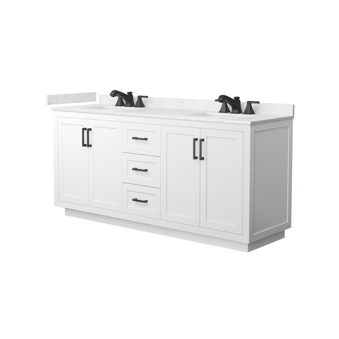 Wyndham Collection Miranda 72" Double Bathroom Vanity in White, Carrara Cultured Marble Countertop, Undermount Square Sinks (3-Hole), Matte Black Trim