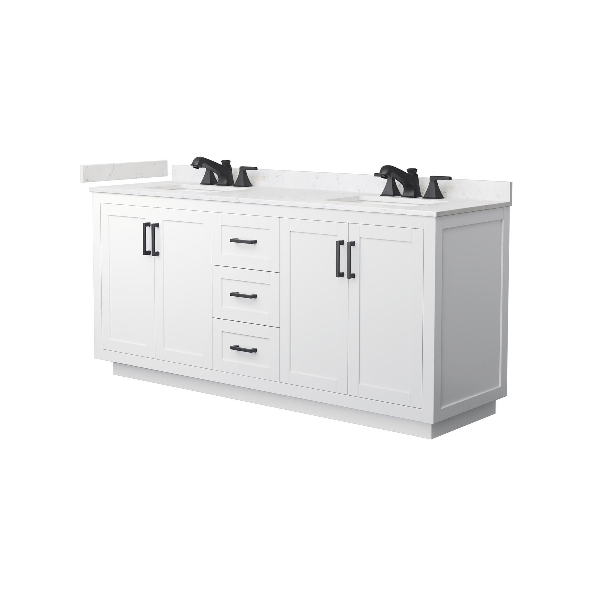 Wyndham Collection Miranda 72" Double Bathroom Vanity in White, Carrara Cultured Marble Countertop, Undermount Square Sinks (3-Hole), Matte Black Trim