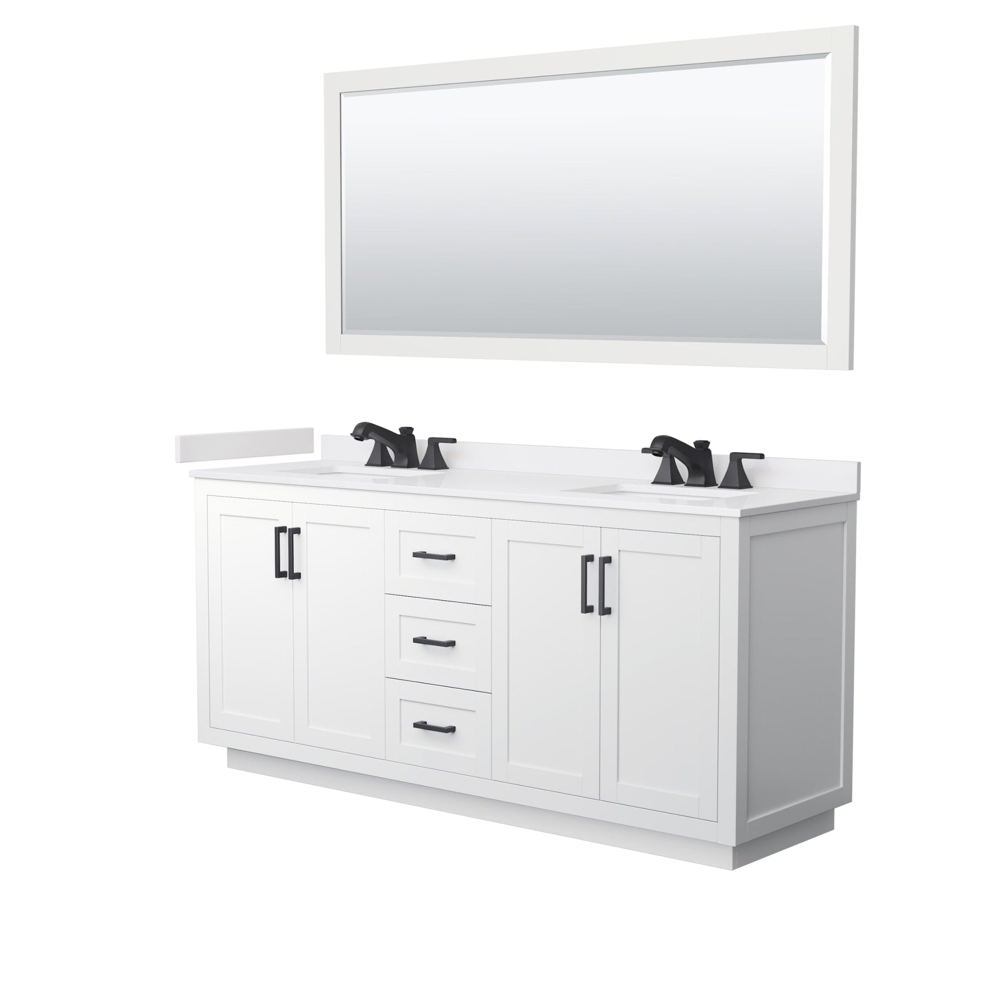 Wyndham Collection Miranda 72" Double Bathroom Vanity in White, White Cultured Marble Countertop, Undermount Square Sinks (3-Hole), Matte Black Trim and 70" Mirror