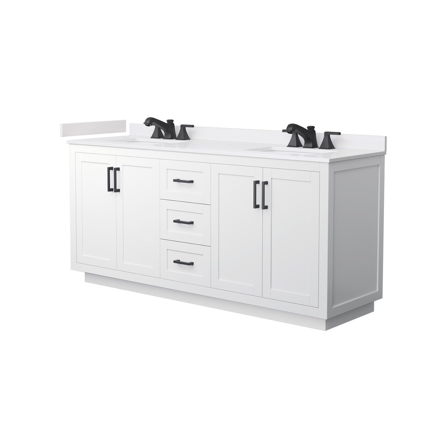 Wyndham Collection Miranda 72" Double Bathroom Vanity in White, White Cultured Marble Countertop, Undermount Square Sinks (3-Hole), Matte Black Trim