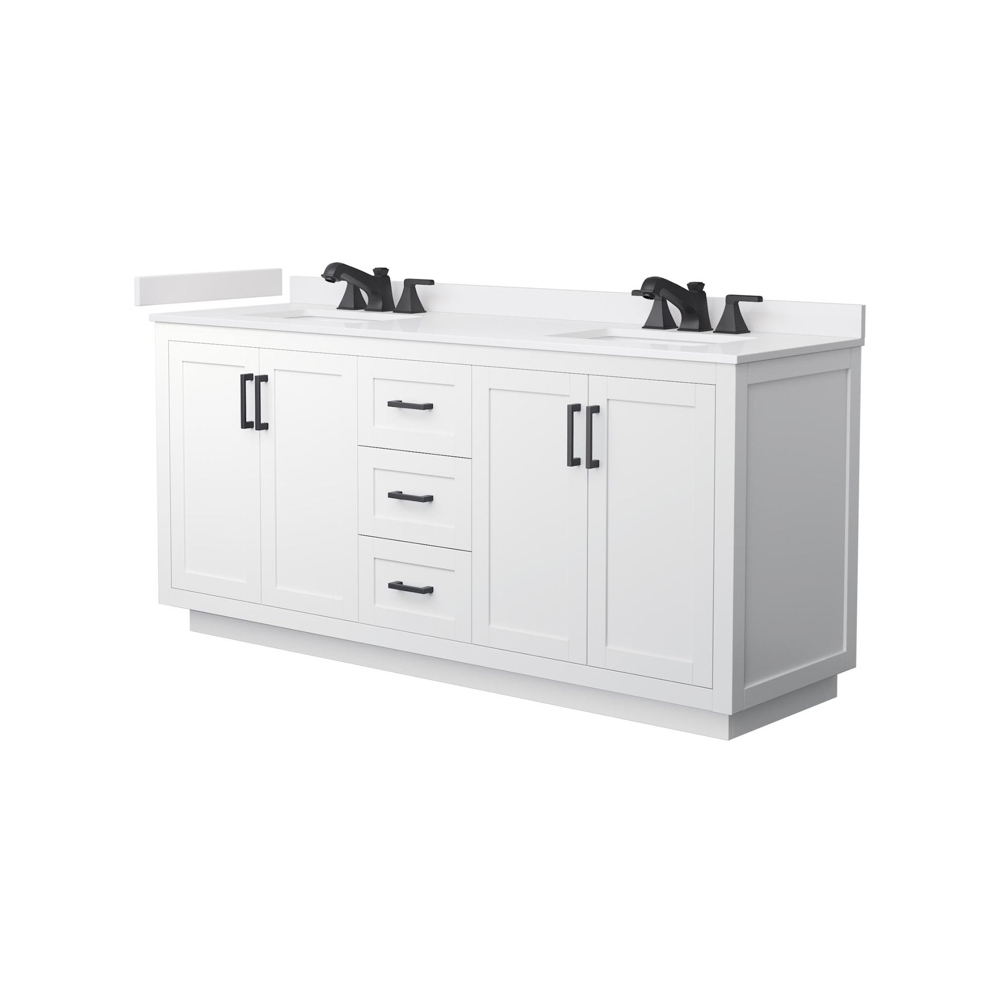 Wyndham Collection Miranda 72" Double Bathroom Vanity in White, White Cultured Marble Countertop, Undermount Square Sinks (3-Hole), Matte Black Trim