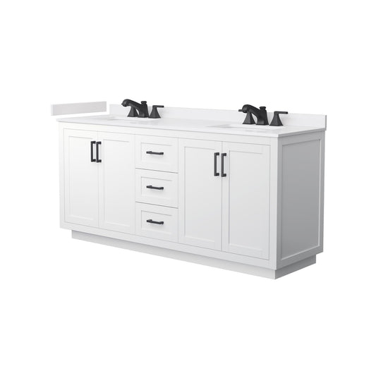 Wyndham Collection Miranda 72" Double Bathroom Vanity in White, White Cultured Marble Countertop, Undermount Square Sinks (3-Hole), Matte Black Trim