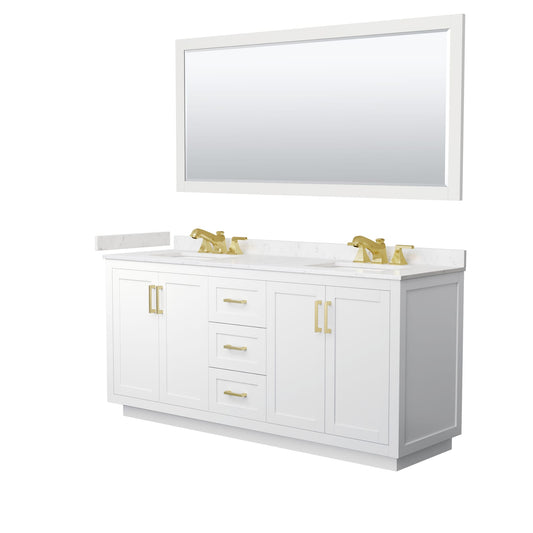 Wyndham Collection Miranda 72" Double Bathroom Vanity in White, Carrara Cultured Marble Countertop, Undermount Square Sinks (3-Hole), Brushed Gold Trim and 70" Mirror