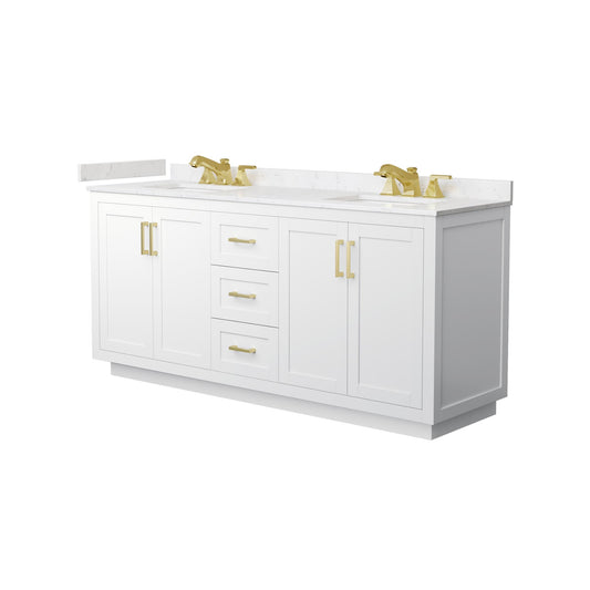 Wyndham Collection Miranda 72" Double Bathroom Vanity in White, Carrara Cultured Marble Countertop, Undermount Square Sinks (3-Hole), Brushed Gold Trim