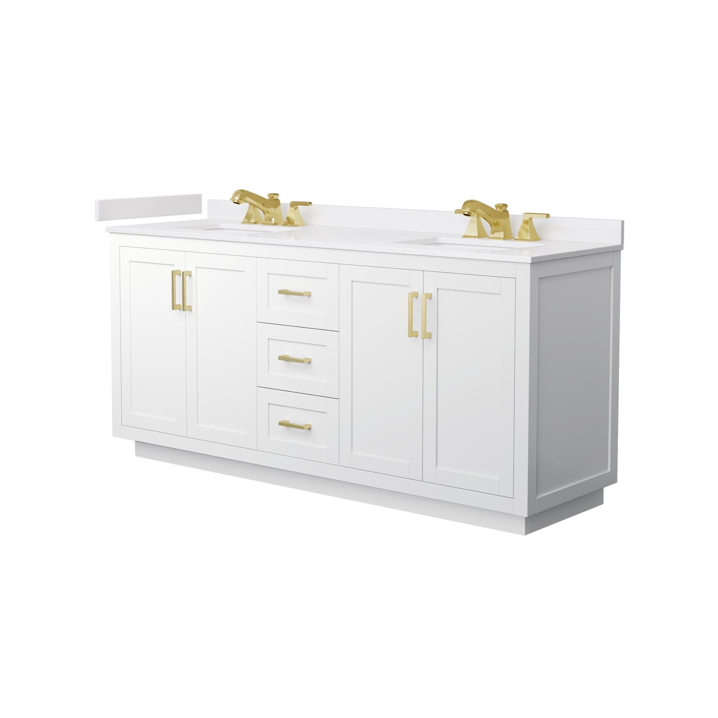 Wyndham Collection Miranda 72" Double Bathroom Vanity in White, White Cultured Marble Countertop, Undermount Square Sinks (3-Hole), Brushed Gold Trim