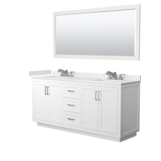 Wyndham Collection Miranda 72" Double Bathroom Vanity in White, Carrara Cultured Marble Countertop, Undermount Square Sinks (3-Hole), Brushed Nickel Trim and 70" Mirror