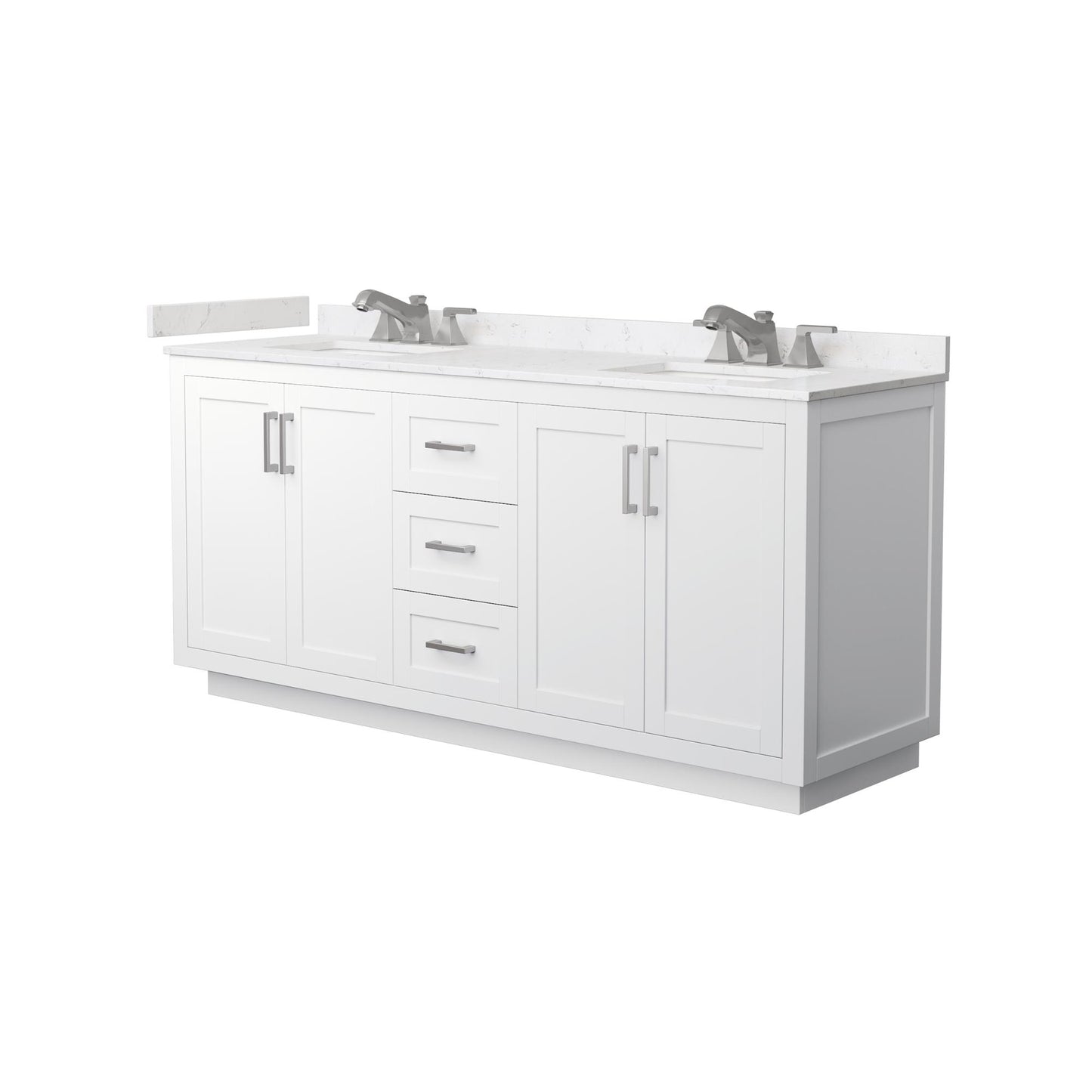 Wyndham Collection Miranda 72" Double Bathroom Vanity in White, Carrara Cultured Marble Countertop, Undermount Square Sinks (3-Hole), Brushed Nickel Trim