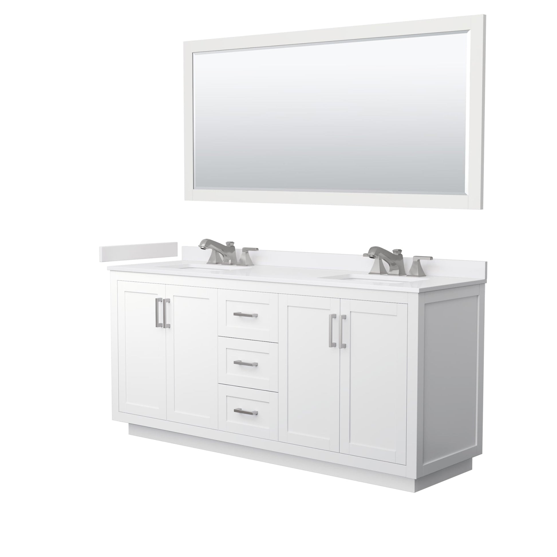 Wyndham Collection Miranda 72" Double Bathroom Vanity in White, White Cultured Marble Countertop, Undermount Square Sinks (3-Hole), Brushed Nickel Trim and 70" Mirror