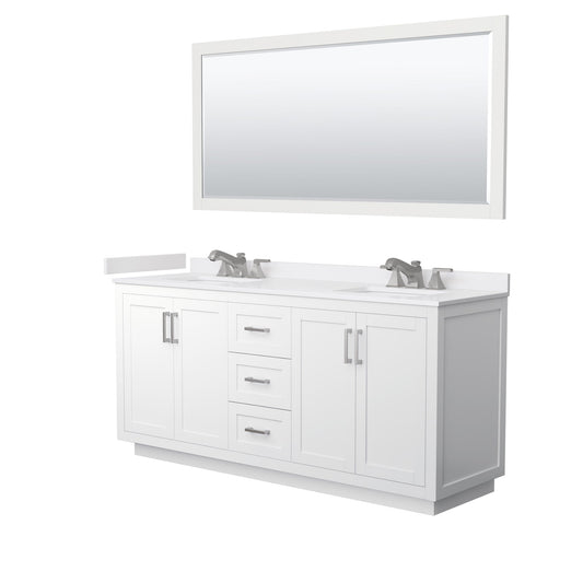 Wyndham Collection Miranda 72" Double Bathroom Vanity in White, White Cultured Marble Countertop, Undermount Square Sinks (3-Hole), Brushed Nickel Trim and 70" Mirror