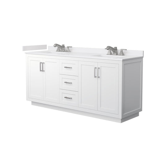 Wyndham Collection Miranda 72" Double Bathroom Vanity in White, White Cultured Marble Countertop, Undermount Square Sinks (3-Hole), Brushed Nickel Trim
