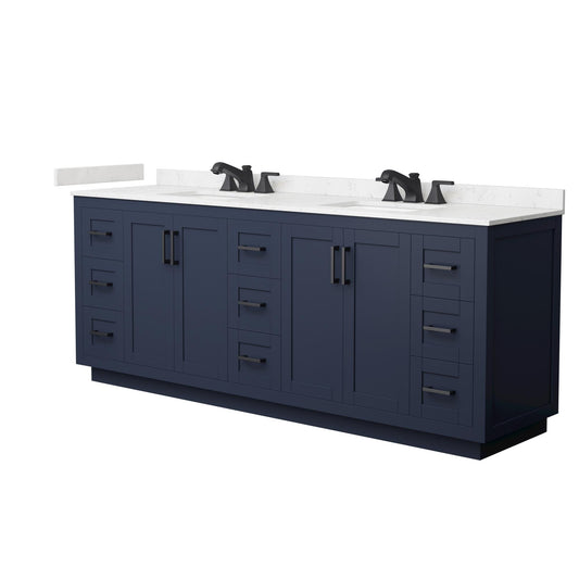 Wyndham Collection Miranda 84" Double Bathroom Vanity in Dark Blue, Carrara Cultured Marble Countertop, Undermount Square Sinks (3-Hole), Matte Black Trim