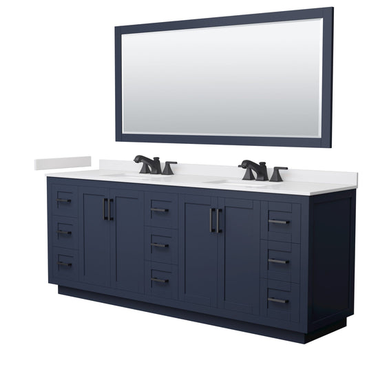 Wyndham Collection Miranda 84" Double Bathroom Vanity in Dark Blue, White Cultured Marble Countertop, Undermount Square Sinks (3-Hole), Matte Black Trim and 70" Mirror